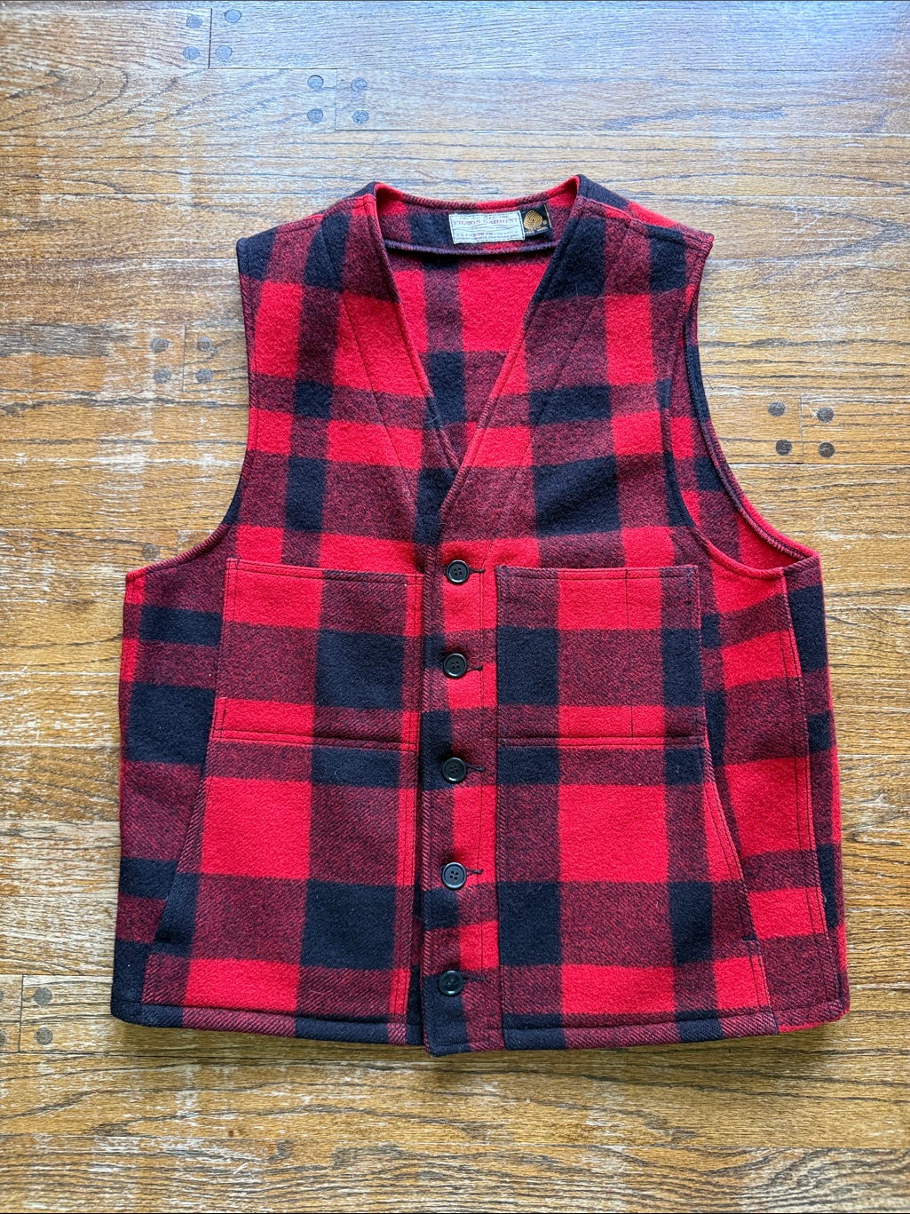 Filson Vintage Mackinaw Red And Black Buffalo Check Wool Plaid Vest Mens Sz L